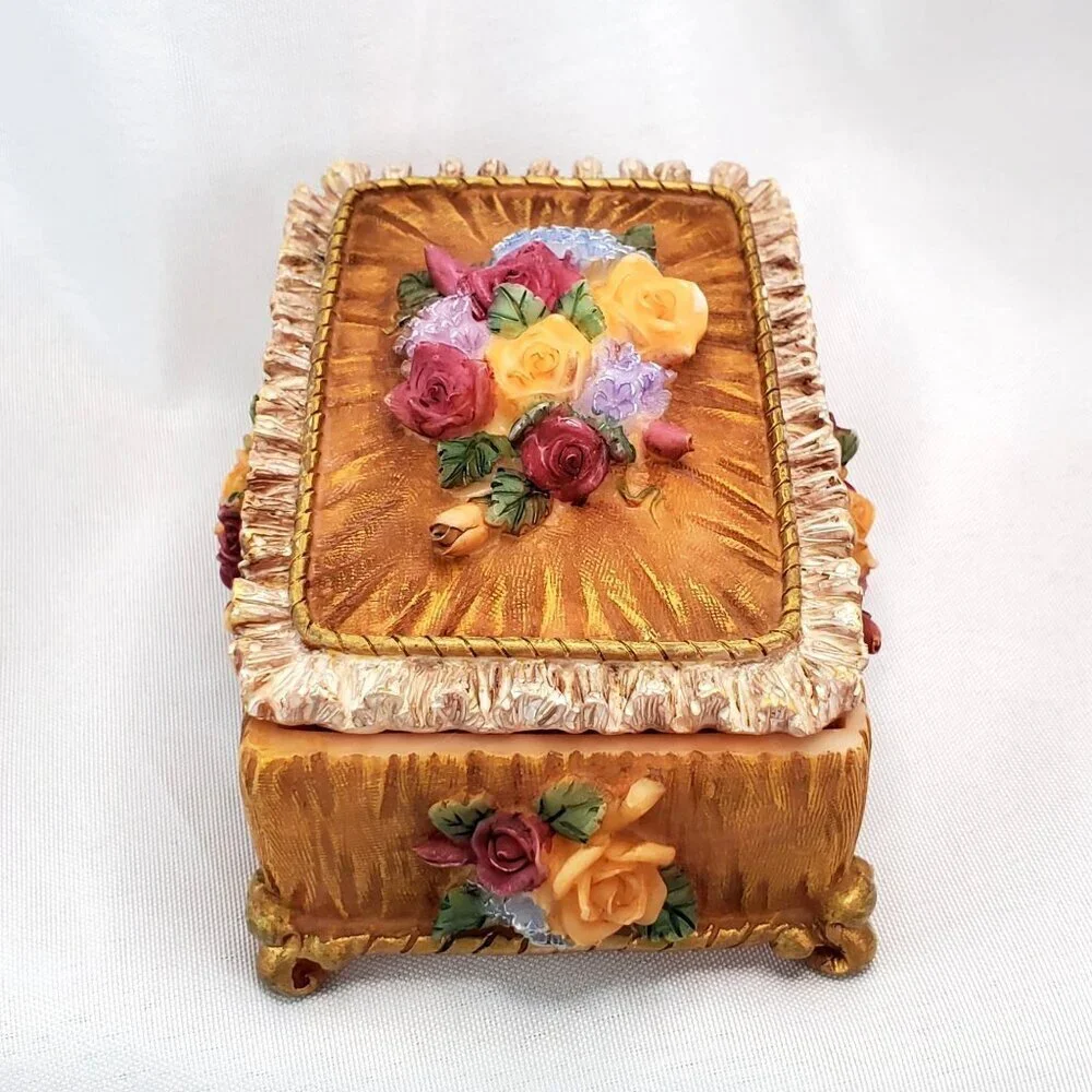 VTG Victorian Floral Jewelry Trinket Box With Raised Rose Design & Gold Accents